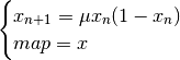 \smash{
\begin{cases}
x_{n+1} = \mu x_n(1-x_n)\\
map=x
\end{cases}}