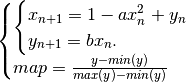 \smash{
\begin{cases}
\begin{cases}
x_{n+1} = 1 - a x_n^2 + y_n\\
y_{n+1} = b x_n.
\end{cases}\\
map = \frac{y-min(y)}{max(y)-min(y)}
\end{cases}}
